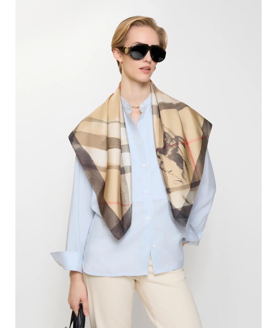 BURBERRY Бежевый шелковый платок, фото 2