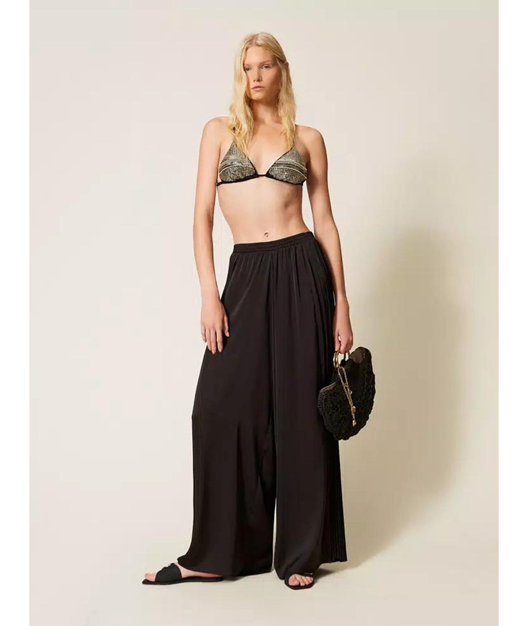 TWIN-SET Черные полиэстеровые брюки широкие, фото 2