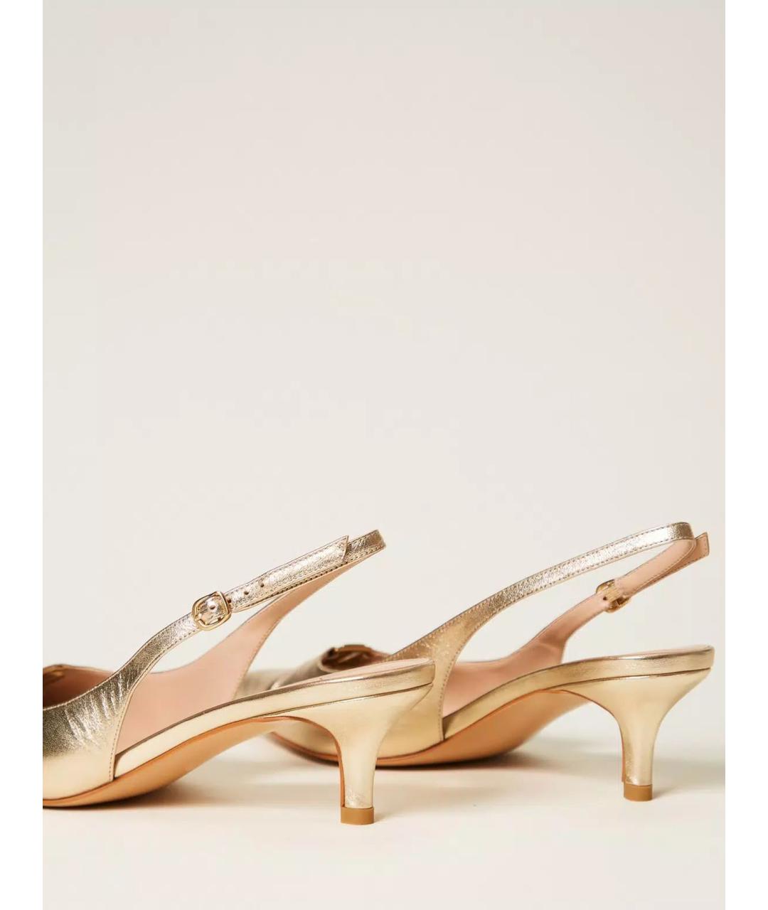 TWIN-SET Золотые кожаные лодочки на низком каблуке, фото 4