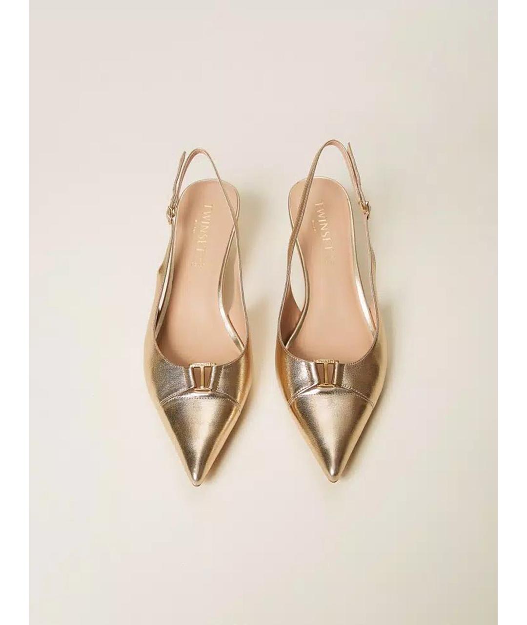 TWIN-SET Золотые кожаные лодочки на низком каблуке, фото 3