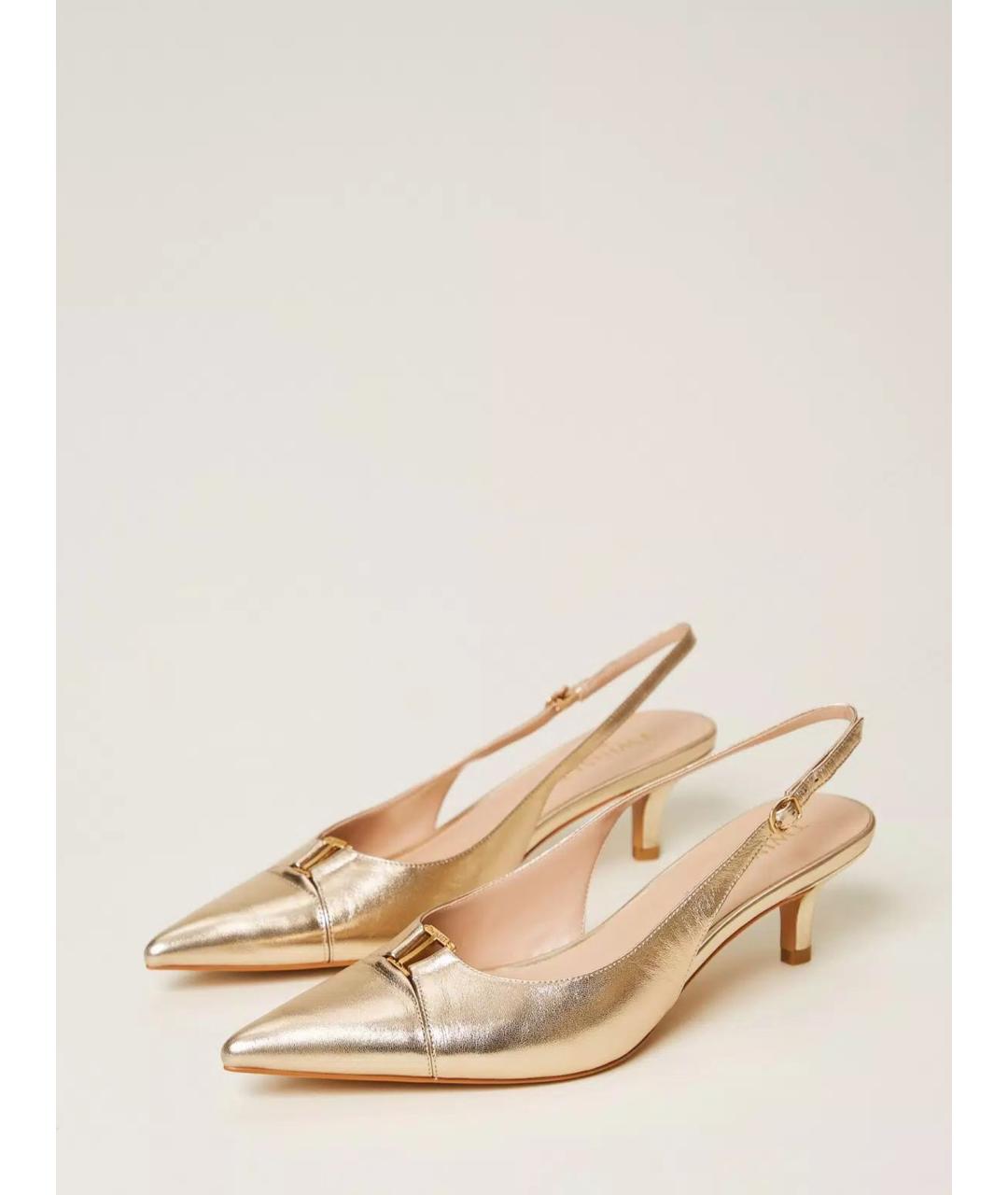 TWIN-SET Золотые кожаные лодочки на низком каблуке, фото 2