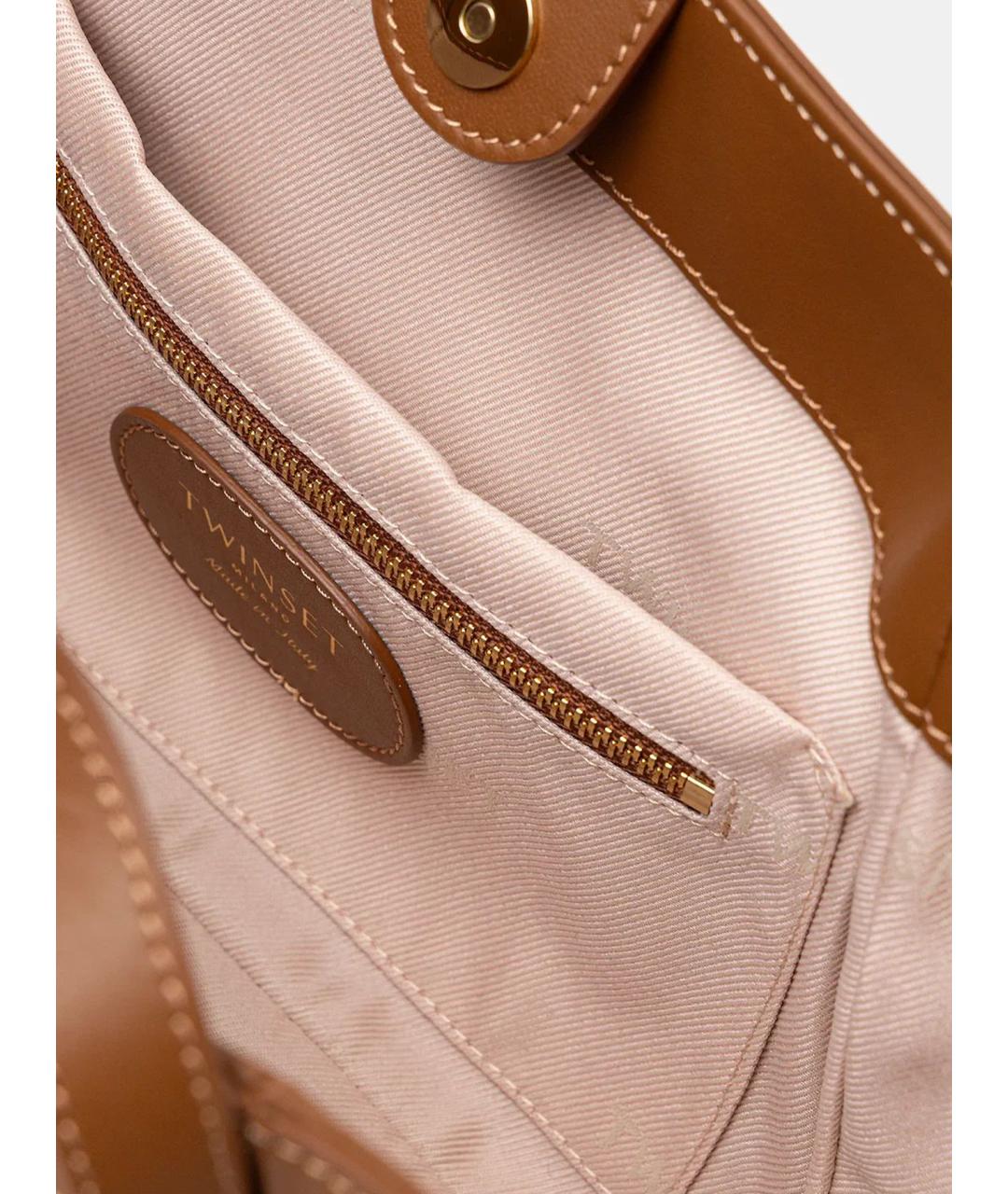 TWIN-SET Коричневая кожаная сумка тоут, фото 5