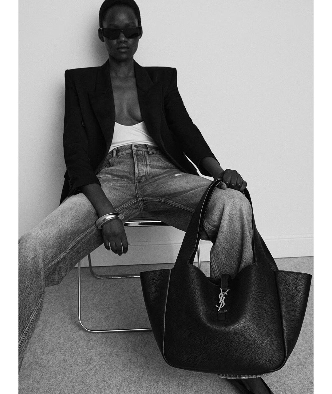 SAINT LAURENT Черная кожаная сумка тоут, фото 2