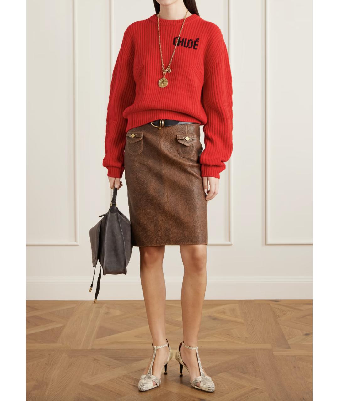 CHLOE Коричневая кожаная юбка миди, фото 4