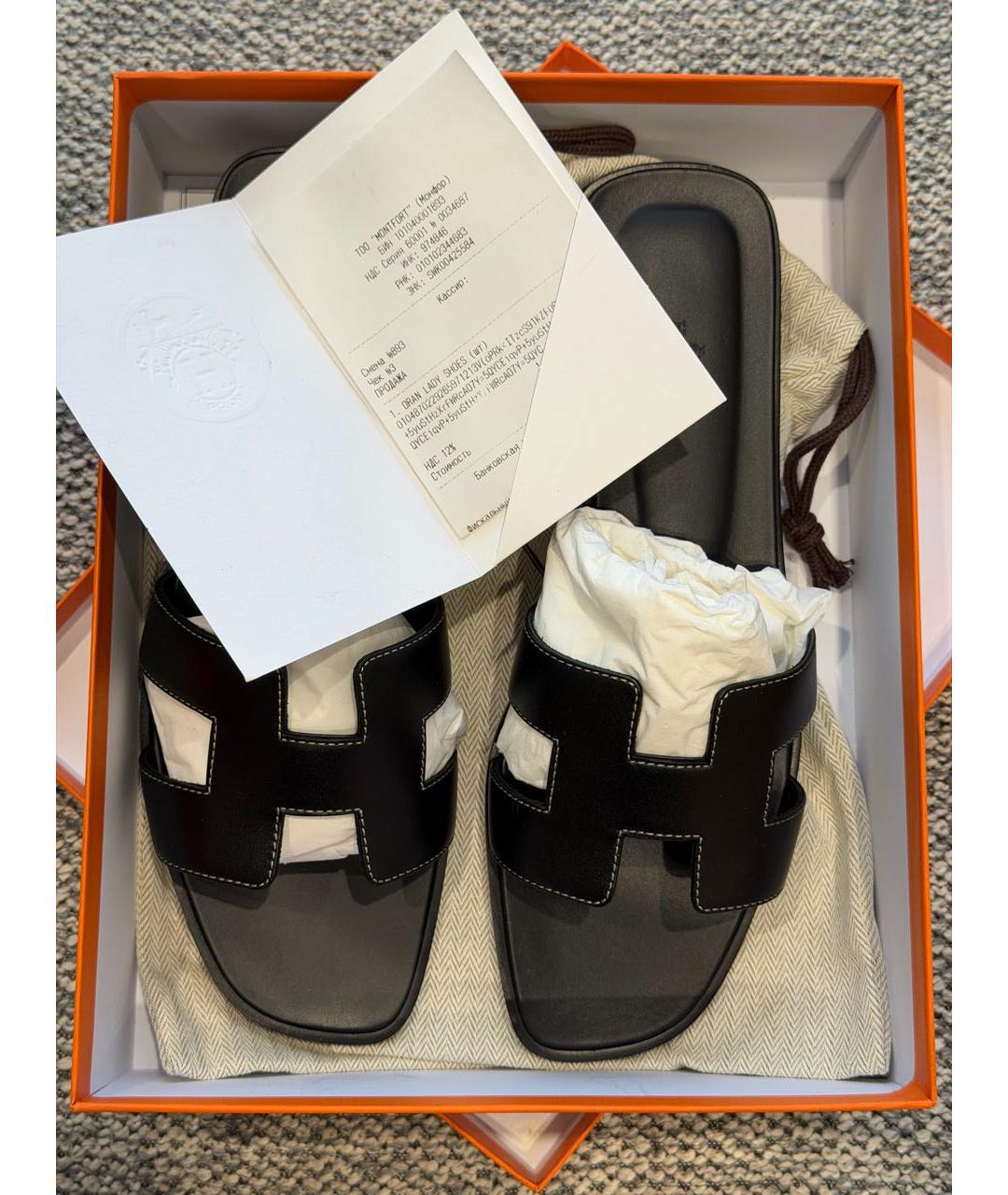 HERMES Черные кожаные шлепанцы, фото 6