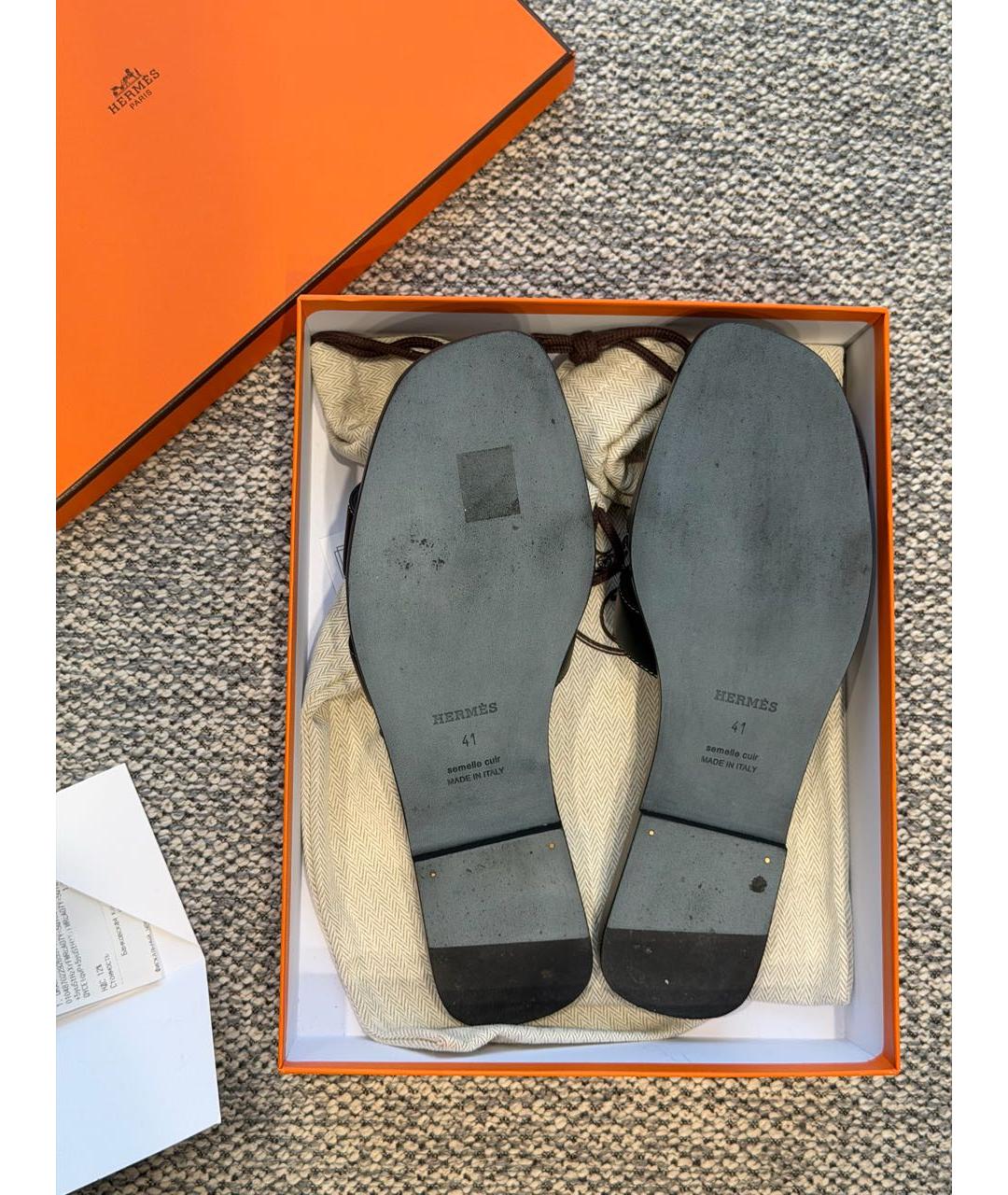 HERMES Черные кожаные шлепанцы, фото 4