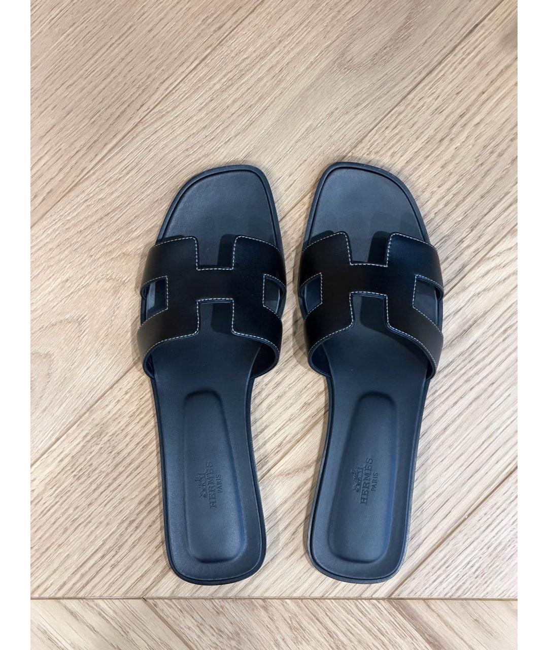 HERMES Черные кожаные шлепанцы, фото 7