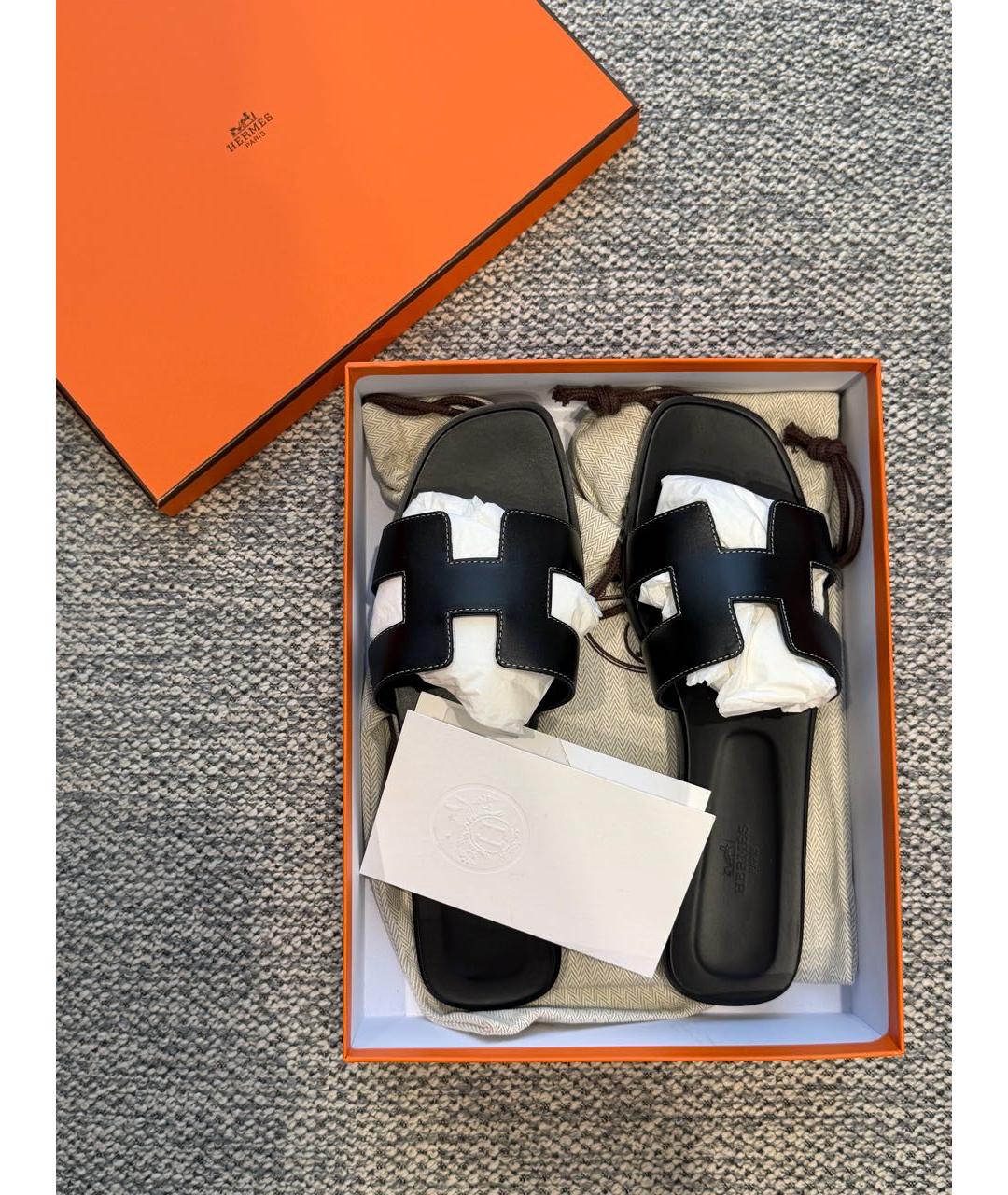 HERMES Черные кожаные шлепанцы, фото 5