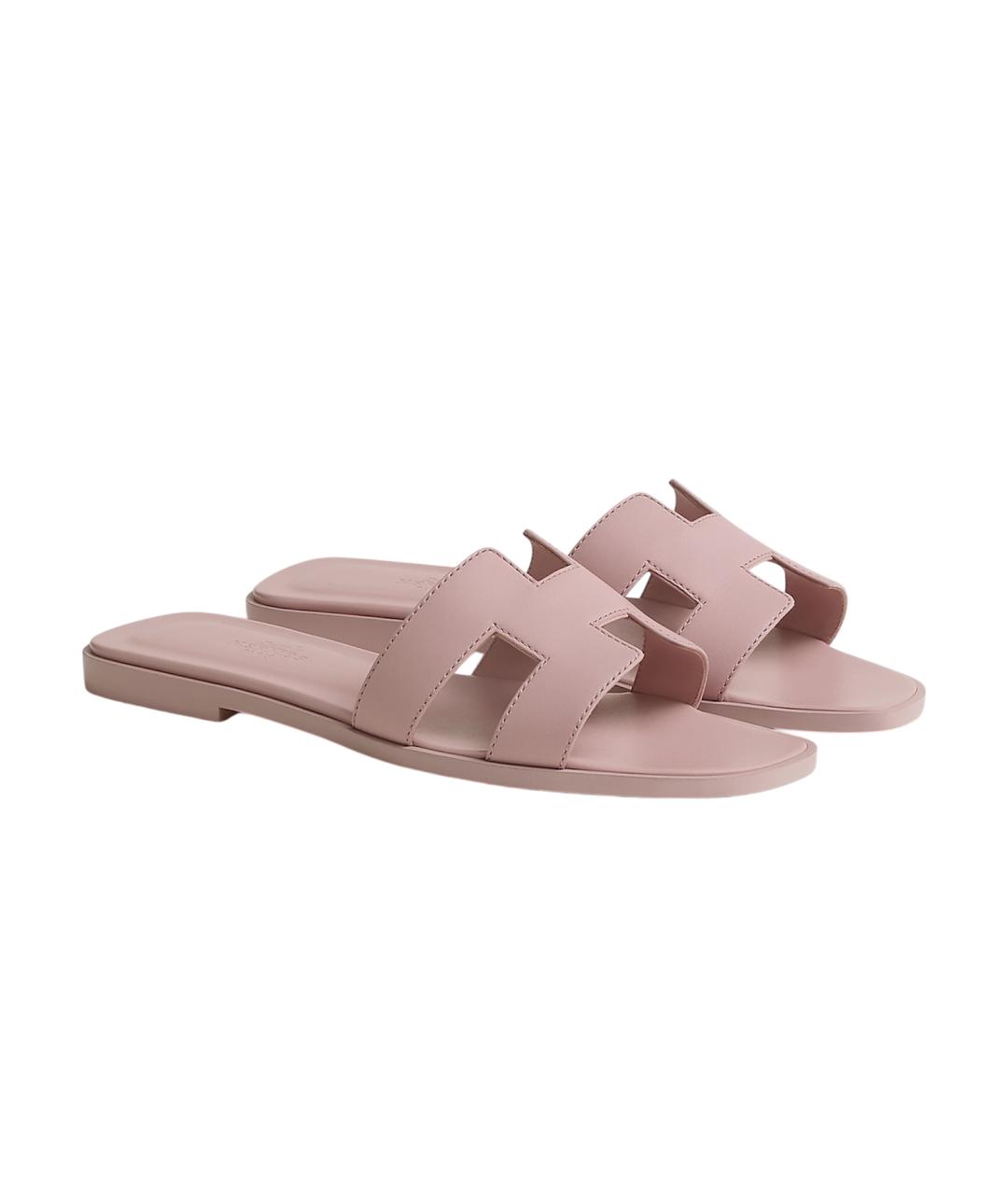 HERMES Розовые кожаные шлепанцы, фото 2