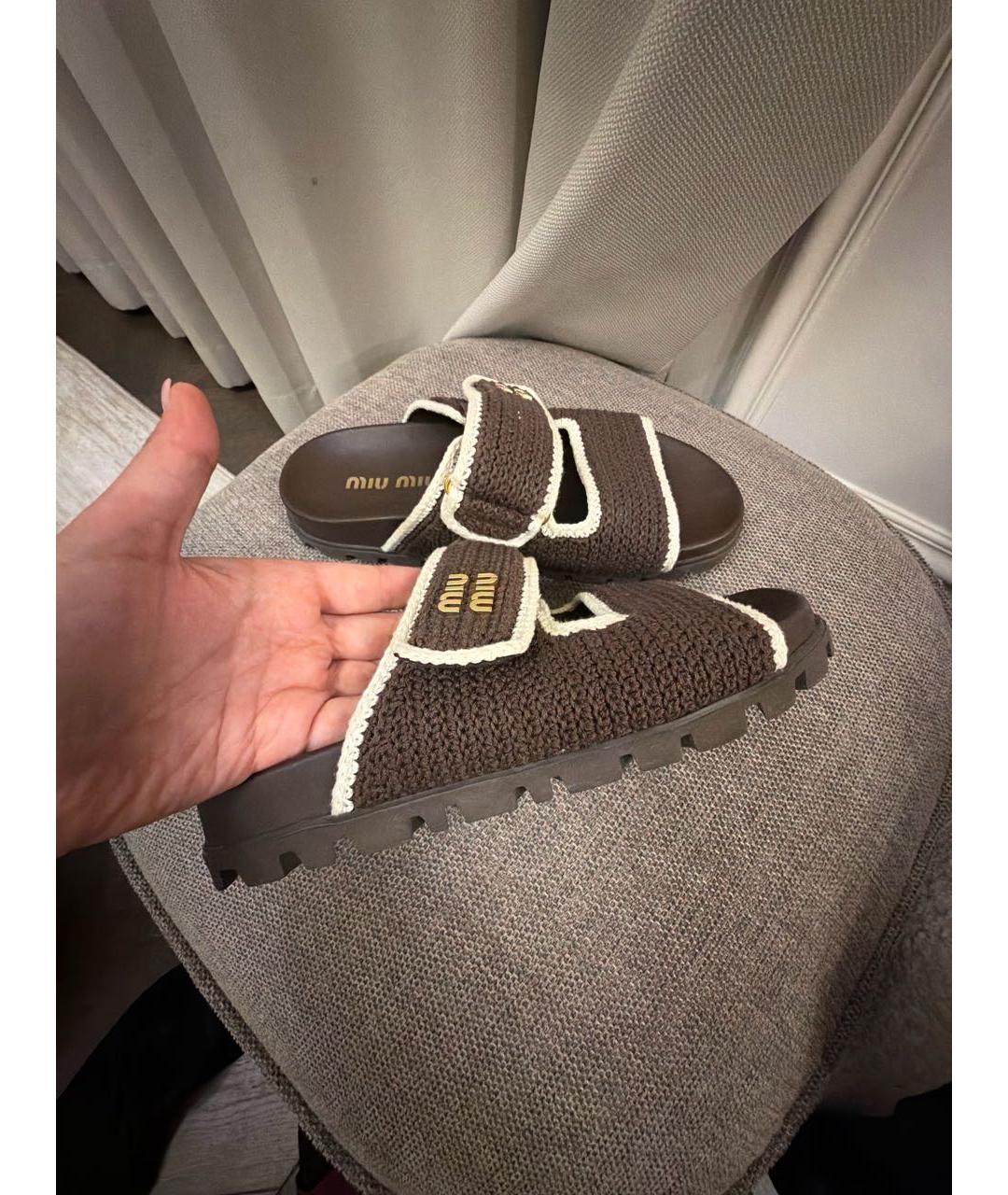 MIU MIU Коричневые текстильные шлепанцы, фото 5