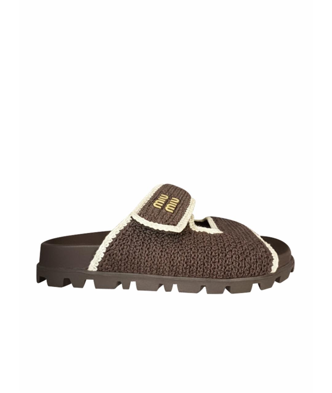 MIU MIU Коричневые текстильные шлепанцы, фото 1