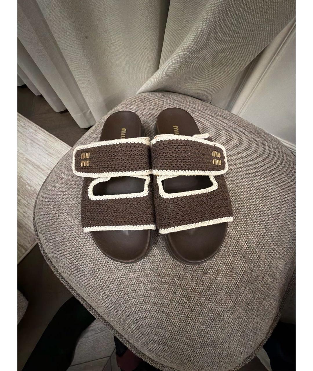 MIU MIU Коричневые текстильные шлепанцы, фото 3