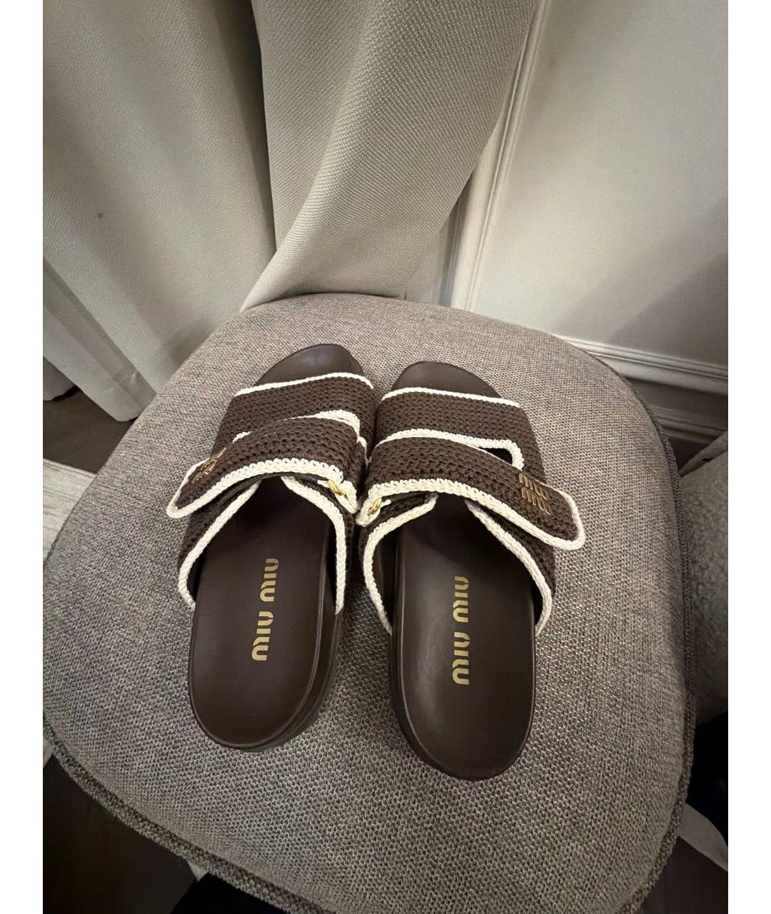 MIU MIU Коричневые текстильные шлепанцы, фото 4