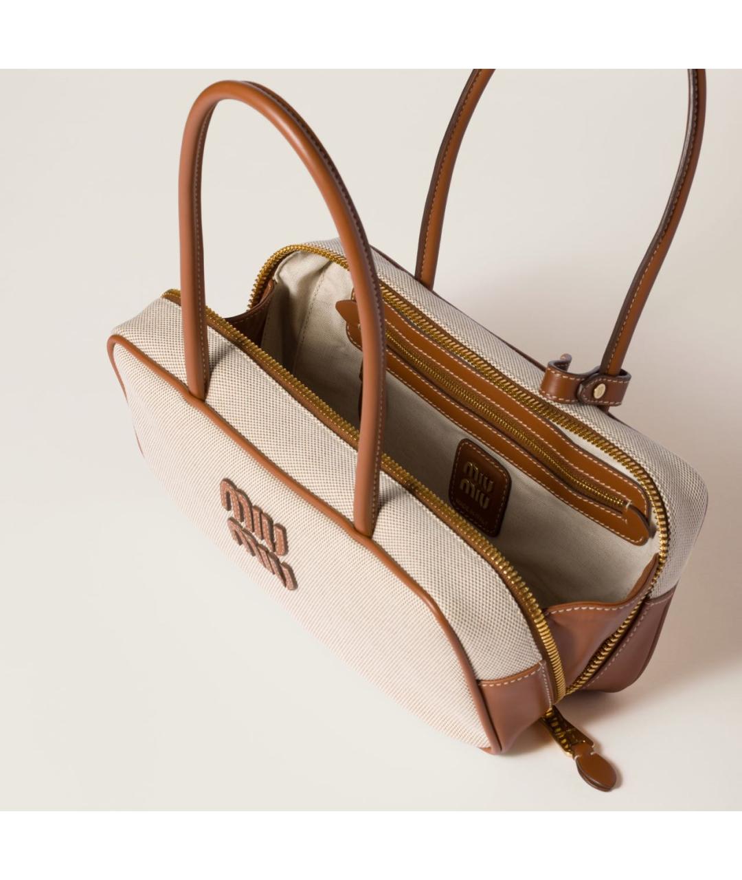 MIU MIU Бежевая тканевая сумка с короткими ручками, фото 4