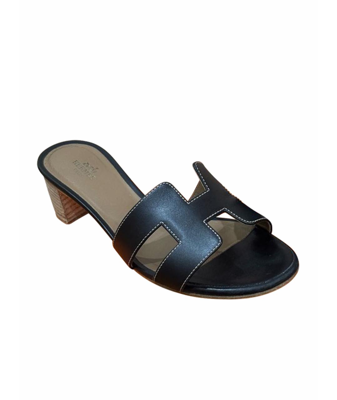 HERMES Черные кожаные мюли, фото 1