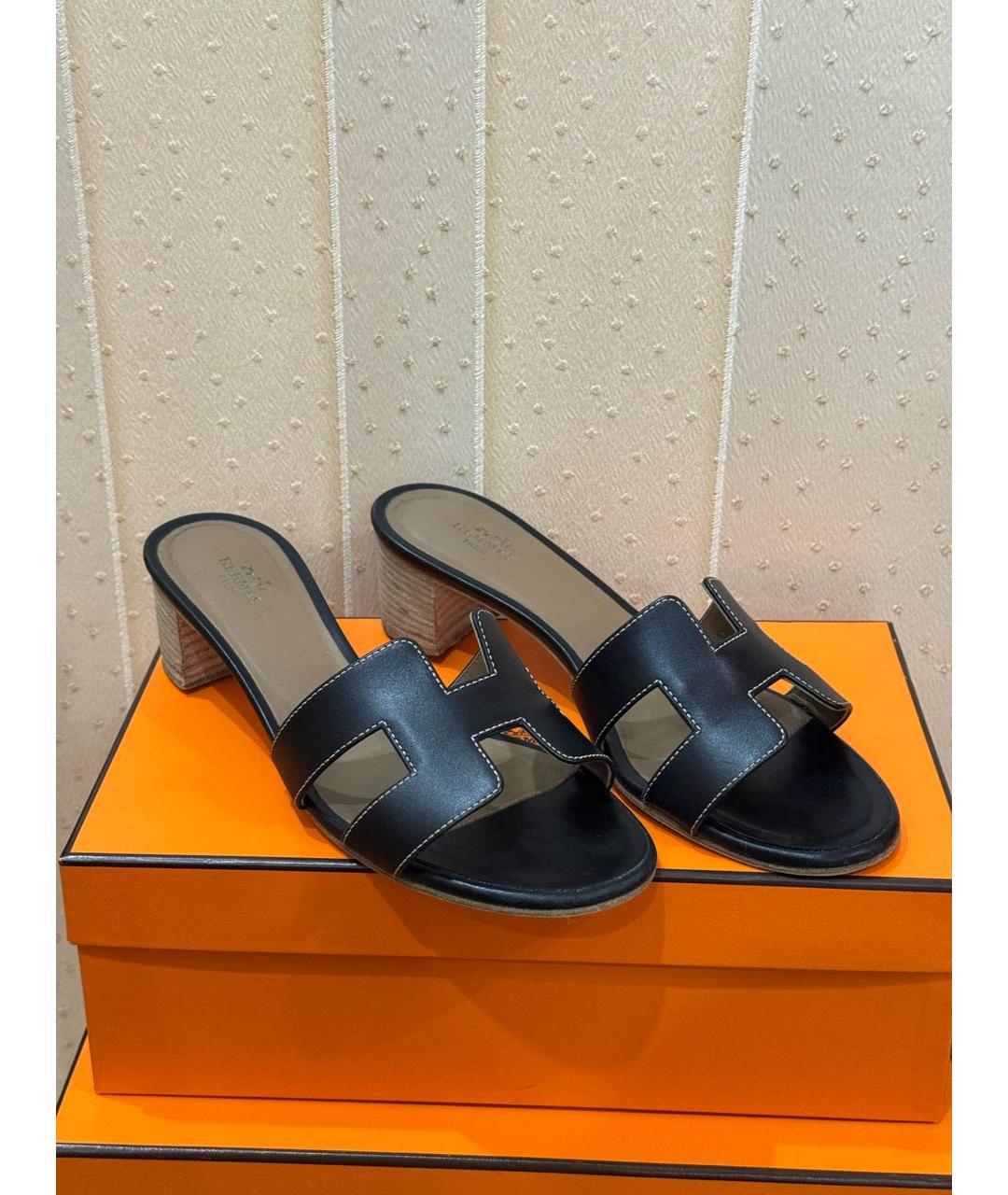 HERMES Черные кожаные мюли, фото 6
