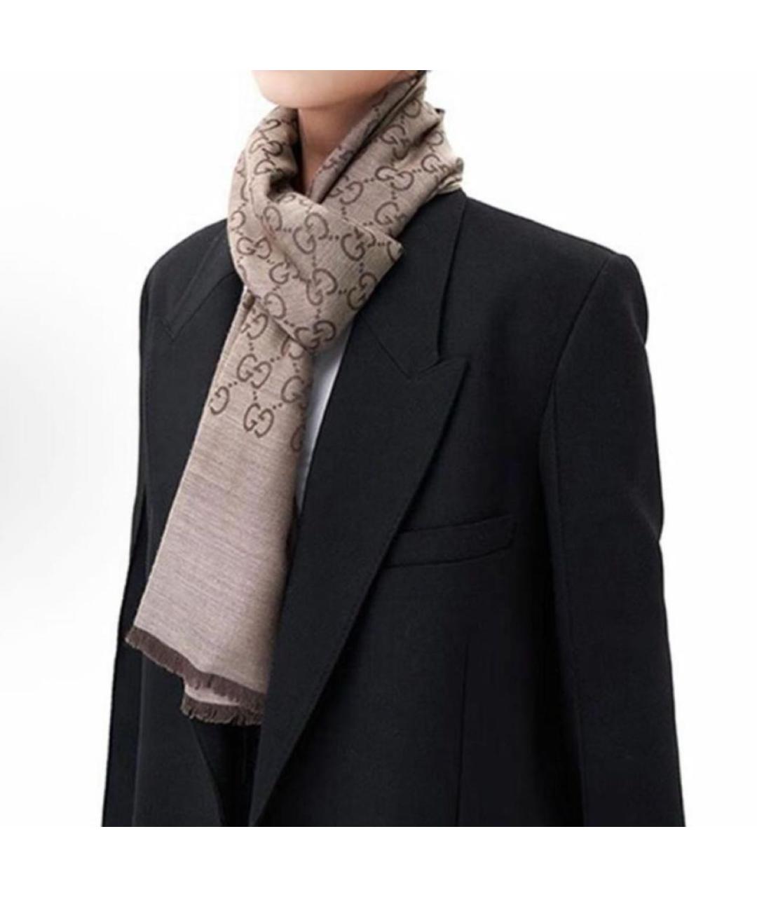 GUCCI Коричневый шерстяной шарф, фото 4