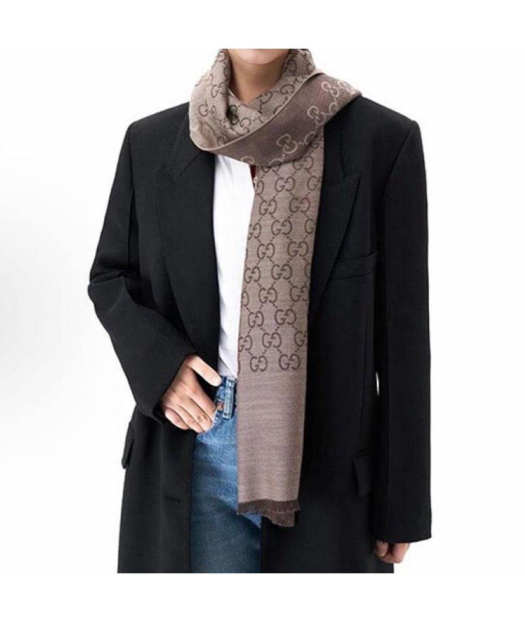 GUCCI Коричневый шерстяной шарф, фото 6