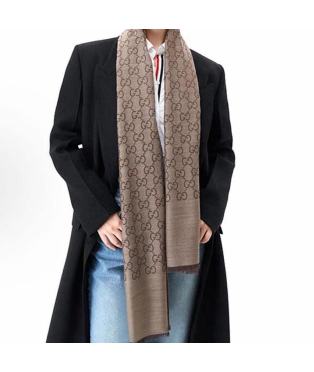 GUCCI Коричневый шерстяной шарф, фото 5
