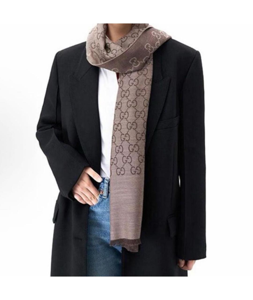 GUCCI Коричневый шерстяной шарф, фото 6