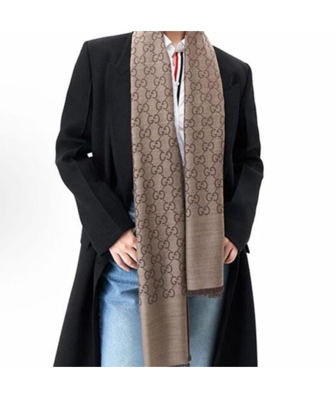 GUCCI Коричневый шерстяной шарф, фото 5