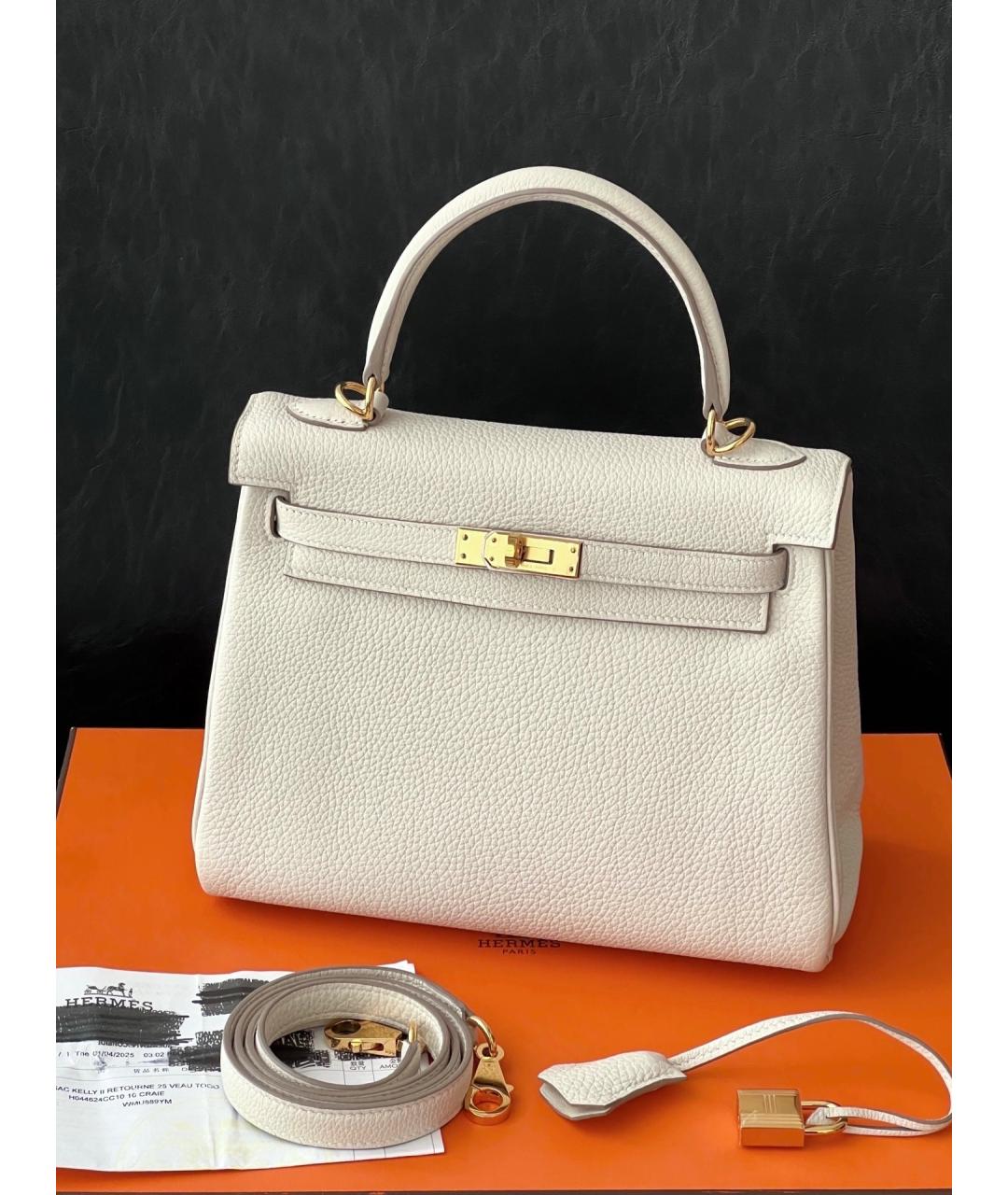 HERMES Белая кожаная сумка с короткими ручками, фото 7