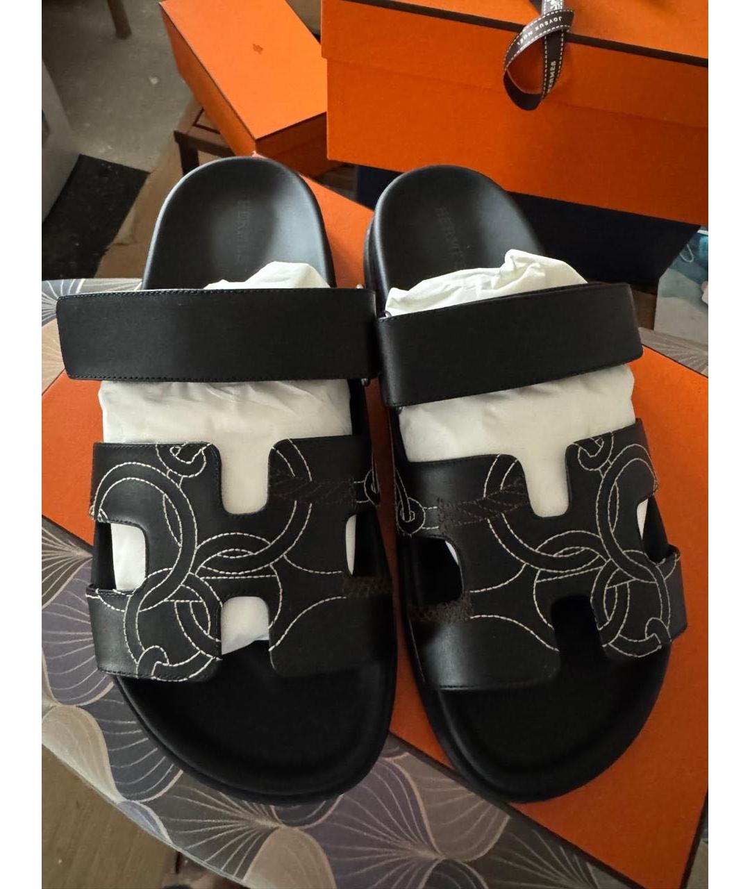 HERMES Черные кожаные сандалии, фото 5