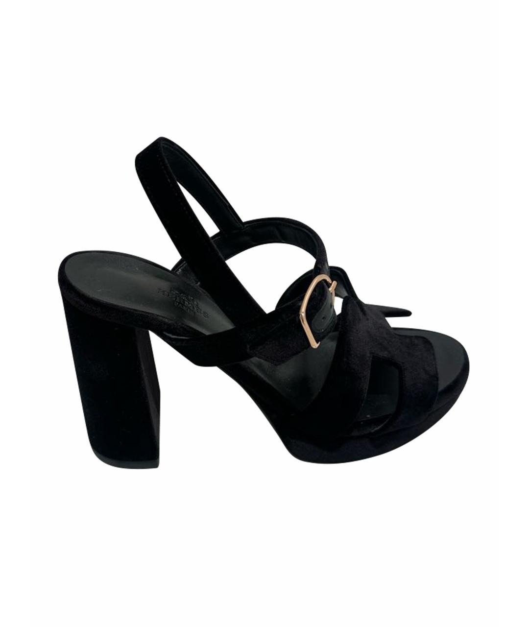 HERMES Черные бархатные босоножки, фото 1
