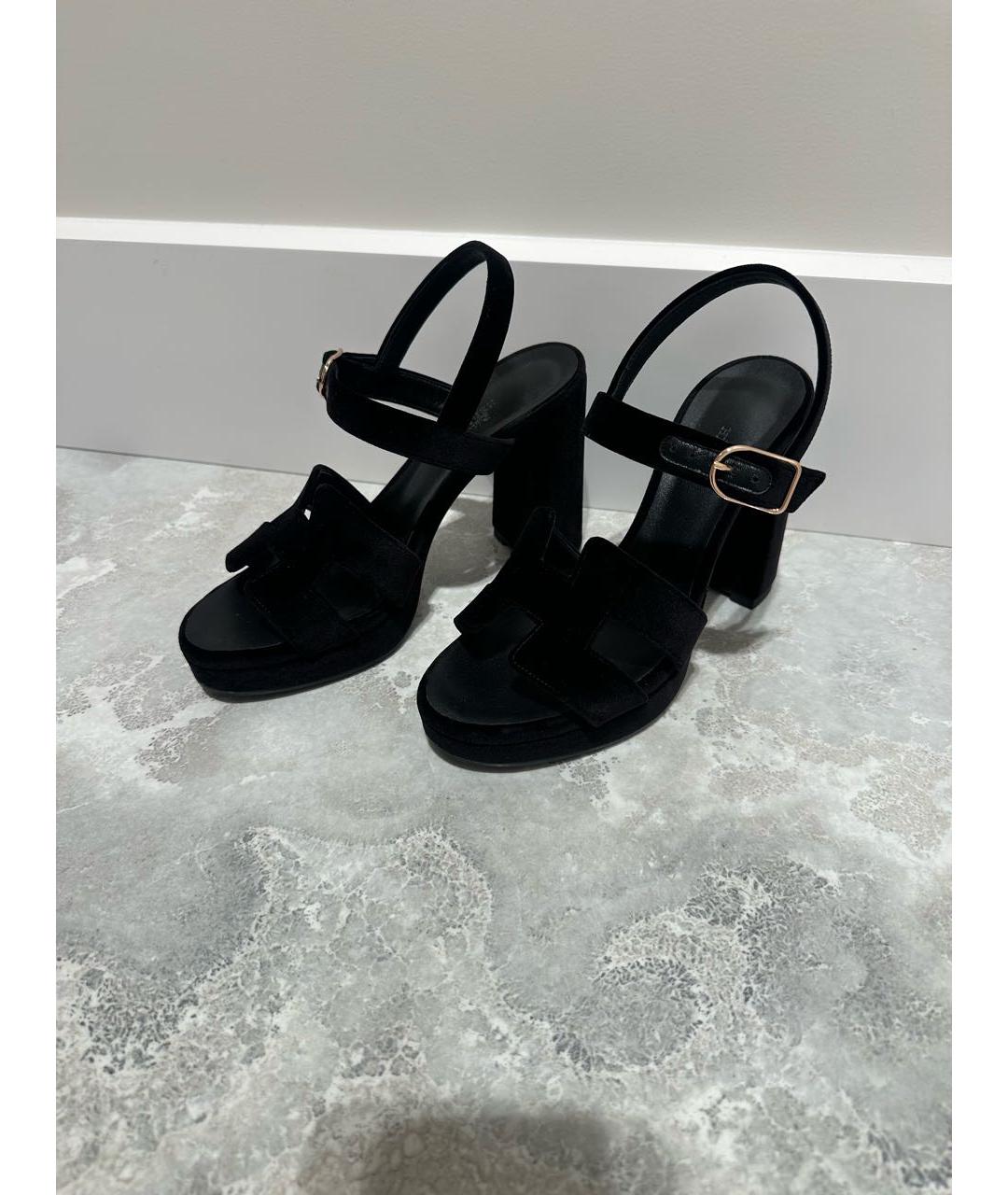 HERMES Черные бархатные босоножки, фото 4