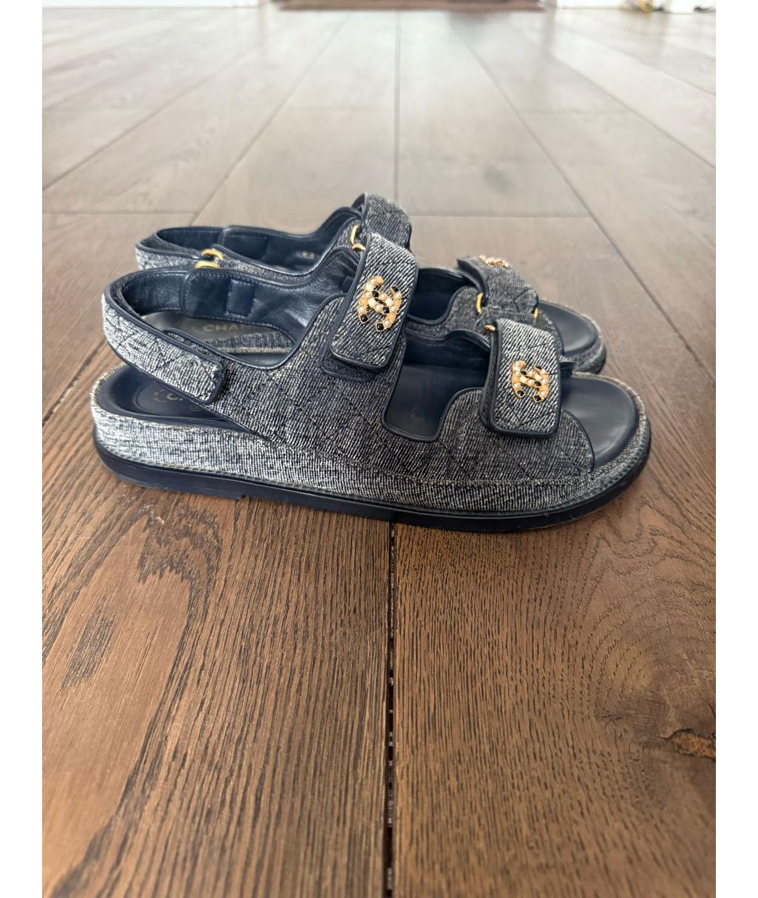 CHANEL Темно-синие текстильные сандалии, фото 8