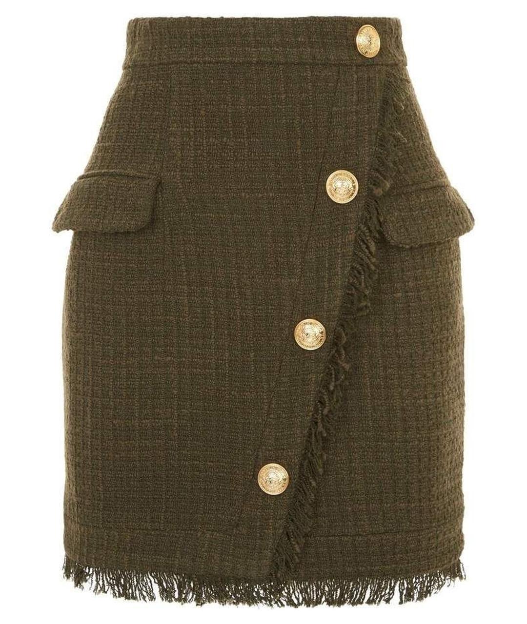 BALMAIN Хаки твидовая юбка мини, фото 1