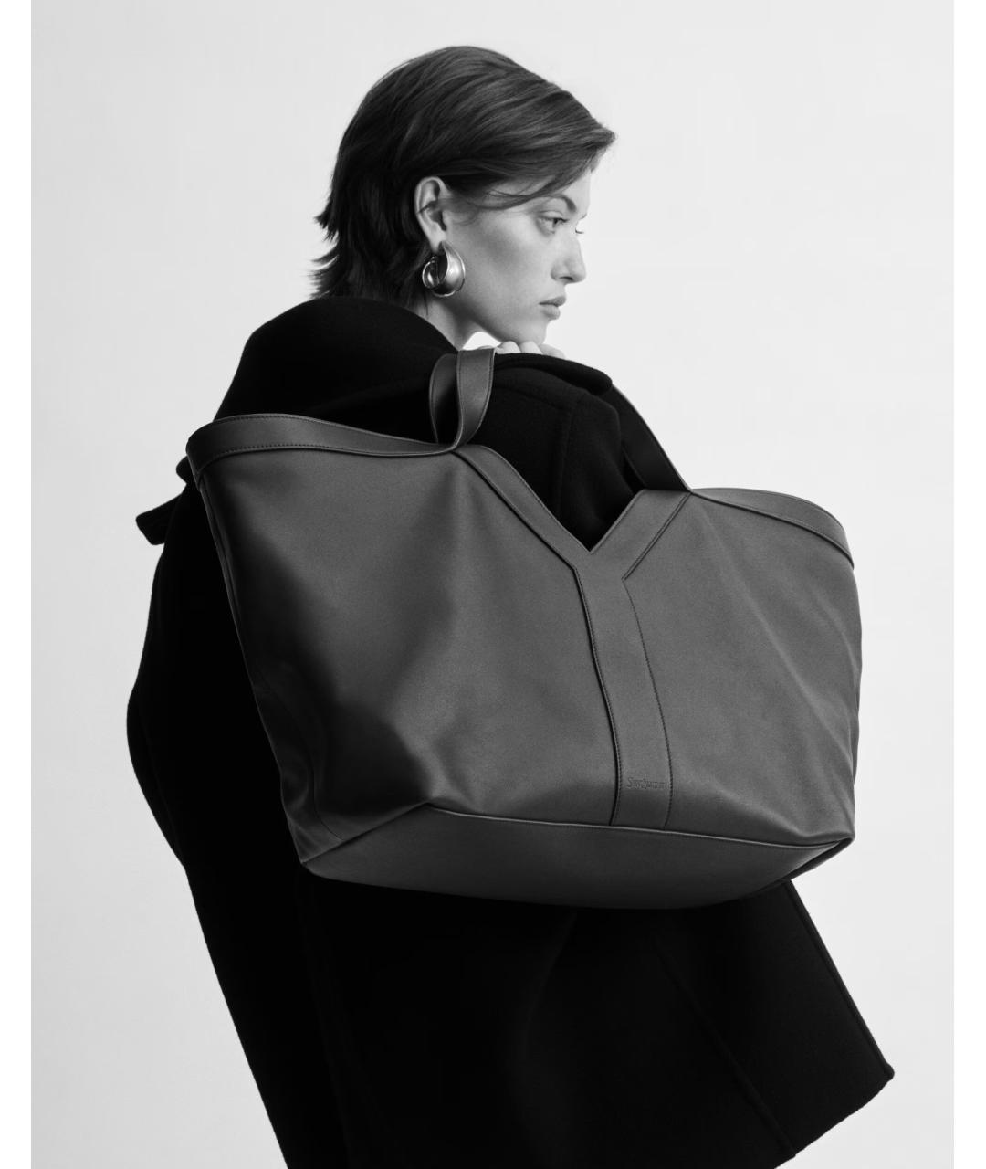 SAINT LAURENT Черная кожаная сумка тоут, фото 2