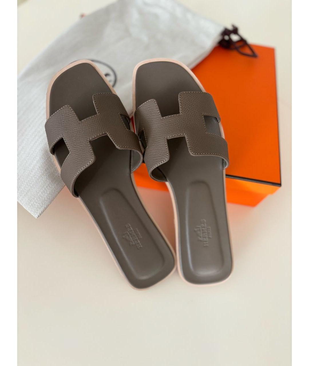 HERMES Хаки кожаные сандалии, фото 6