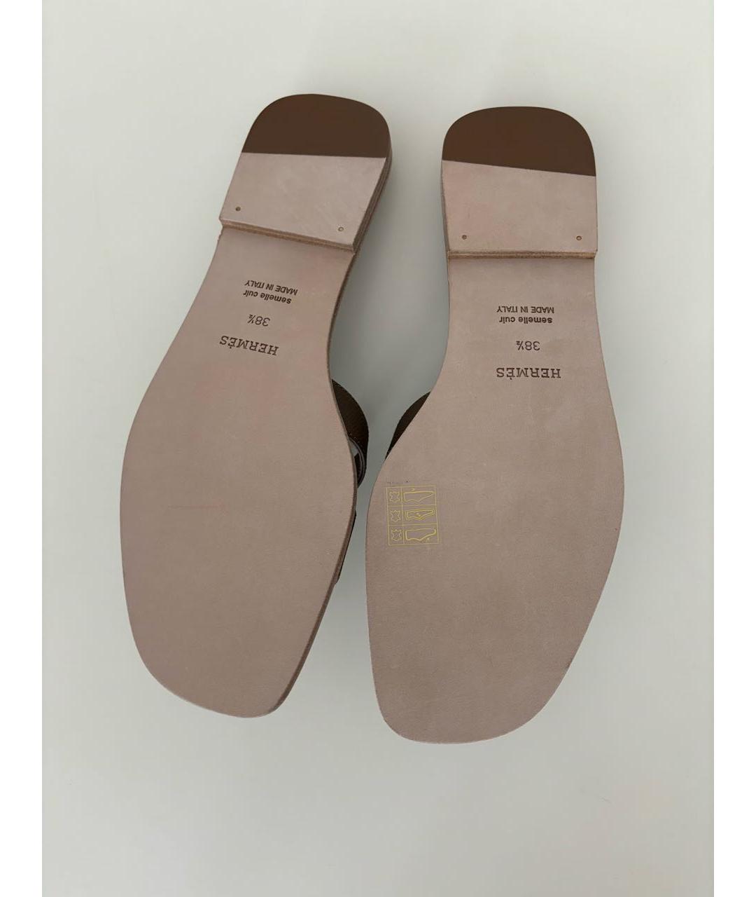 HERMES Хаки кожаные сандалии, фото 3