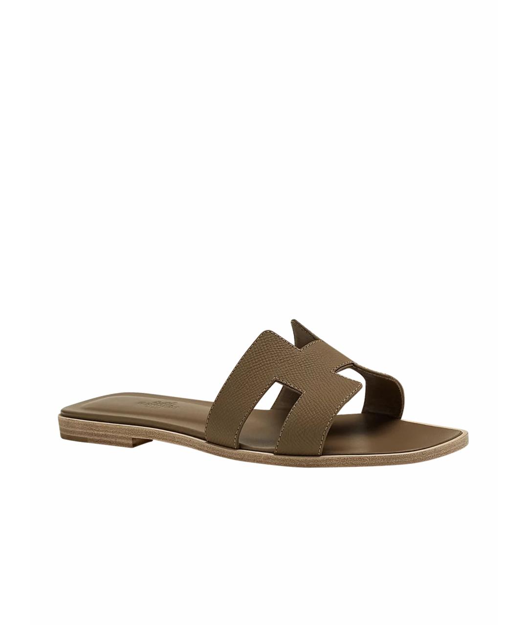 HERMES Хаки кожаные сандалии, фото 1