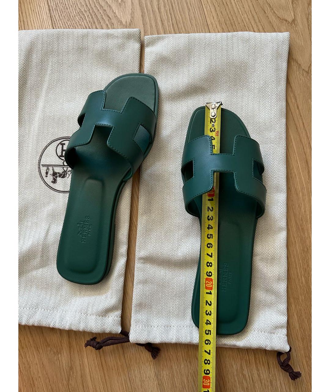 HERMES Зеленые кожаные шлепанцы, фото 5