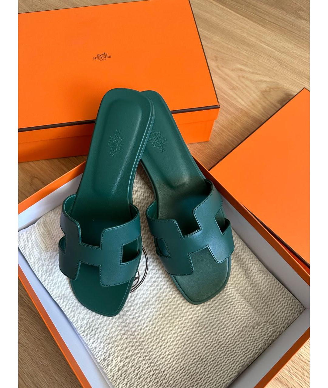 HERMES Зеленые кожаные шлепанцы, фото 6