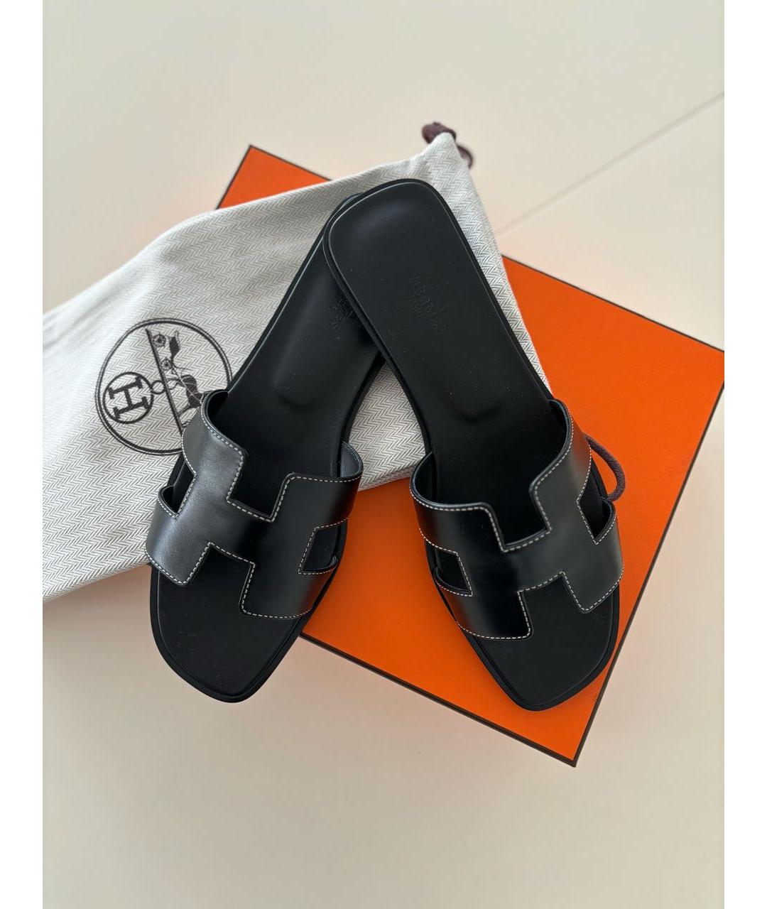 HERMES Черные кожаные сандалии, фото 6