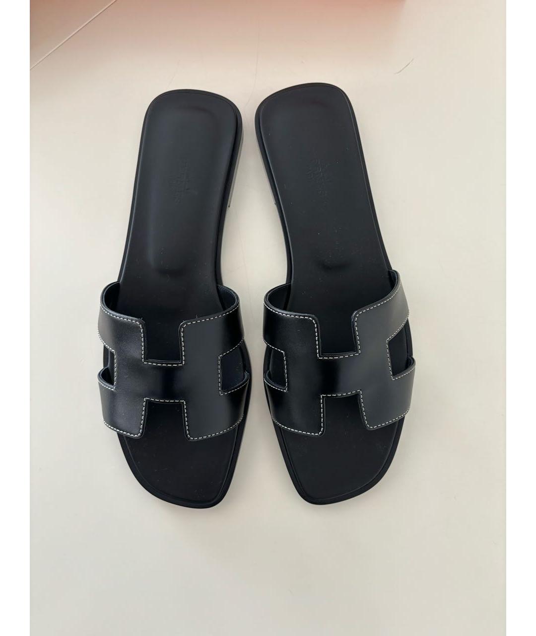HERMES Черные кожаные сандалии, фото 2