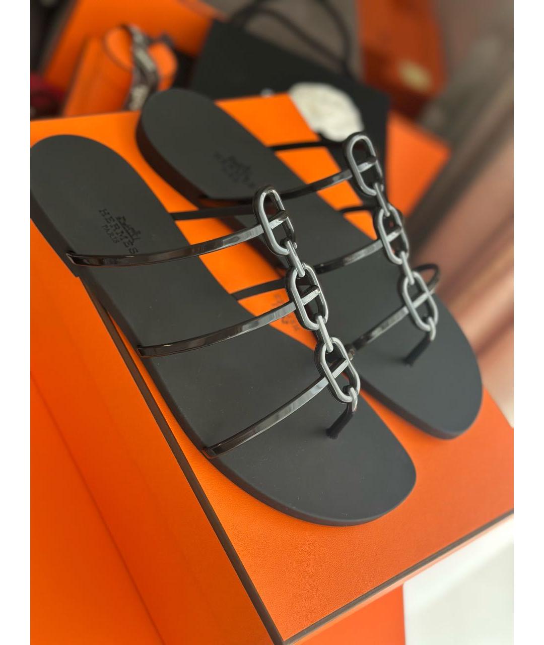 HERMES Черные резиновые шлепанцы, фото 3