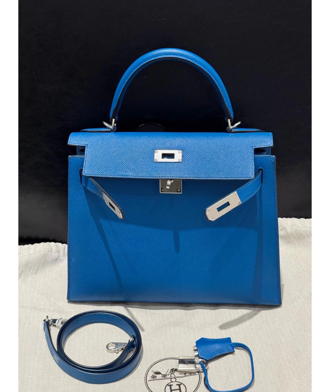 HERMES Синяя кожаная сумка с короткими ручками, фото 6