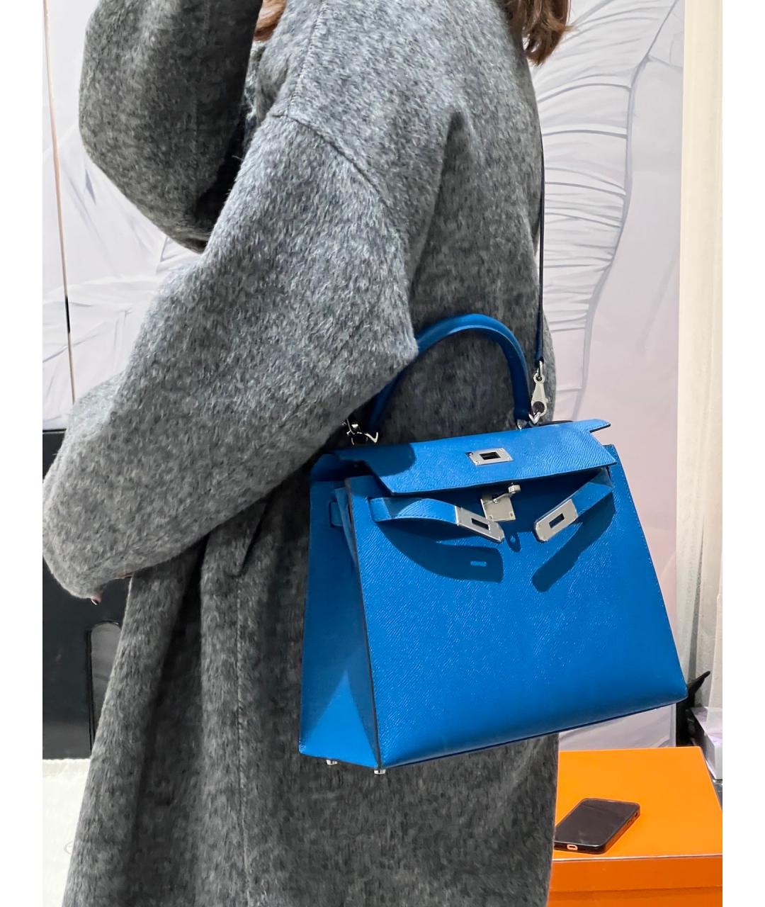 HERMES Синяя кожаная сумка с короткими ручками, фото 9