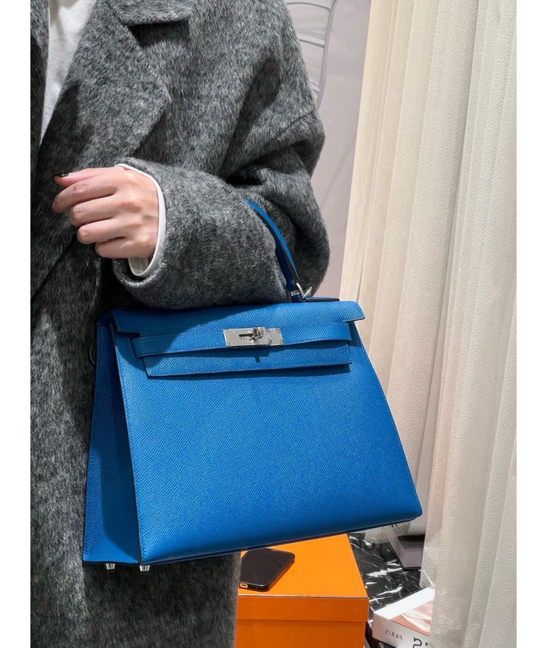 HERMES Синяя кожаная сумка с короткими ручками, фото 7