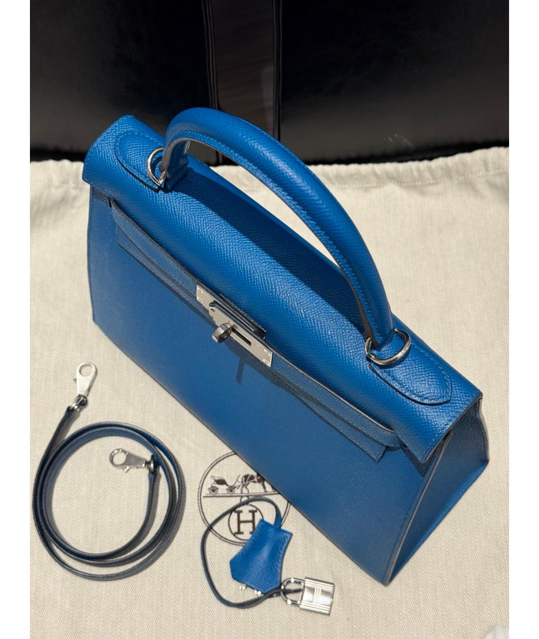 HERMES Синяя кожаная сумка с короткими ручками, фото 4