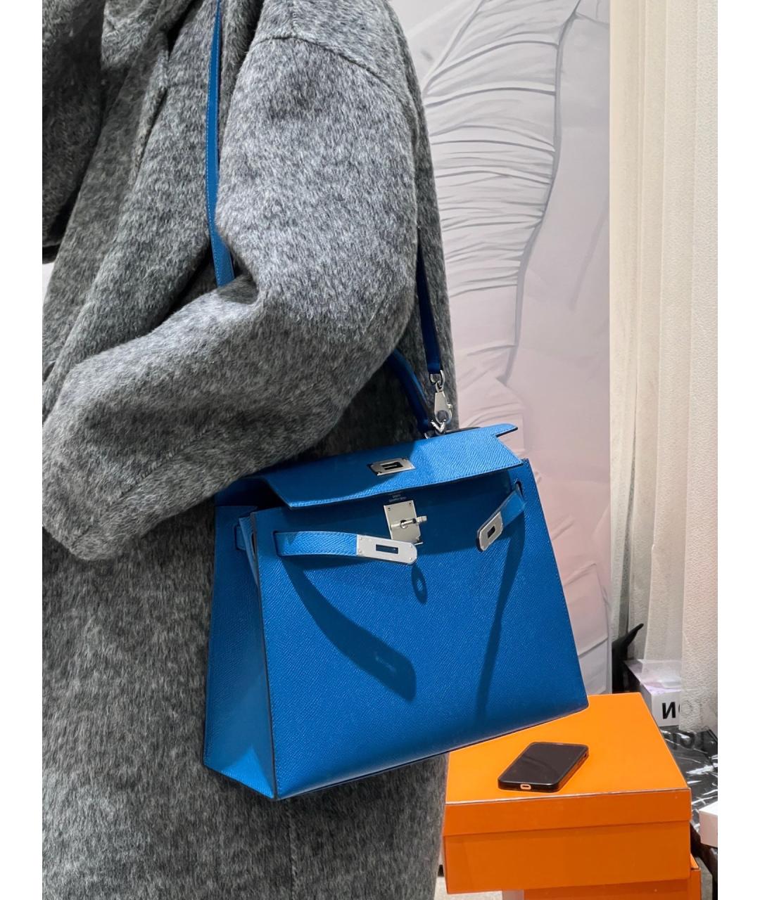 HERMES Синяя кожаная сумка с короткими ручками, фото 8