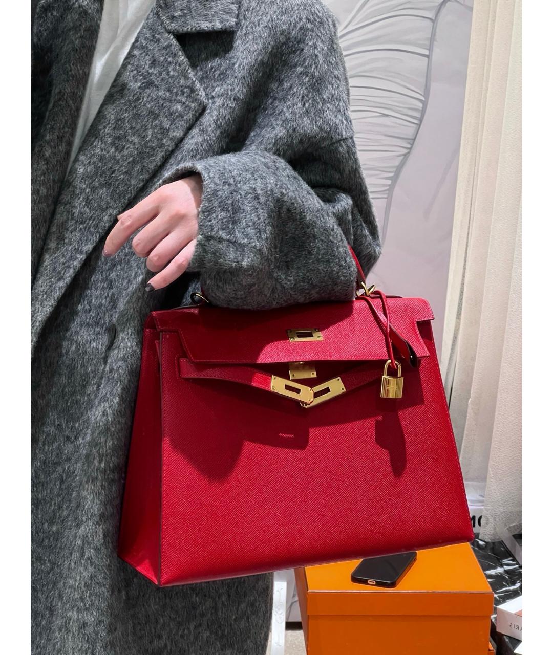 HERMES Красная кожаная сумка с короткими ручками, фото 9