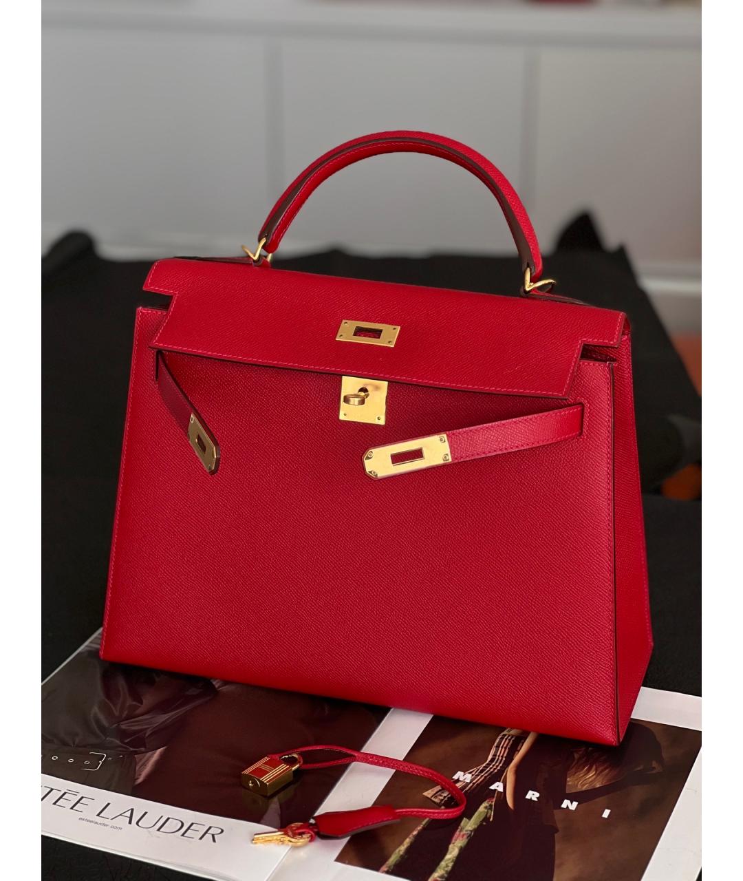 HERMES Красная кожаная сумка с короткими ручками, фото 6