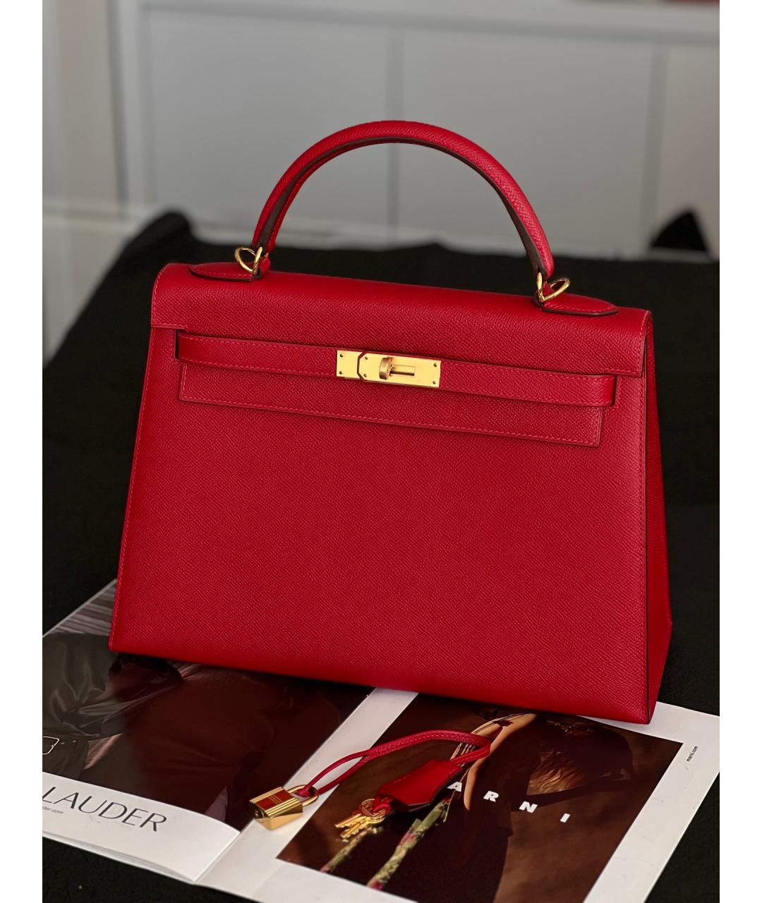 HERMES Красная кожаная сумка с короткими ручками, фото 10