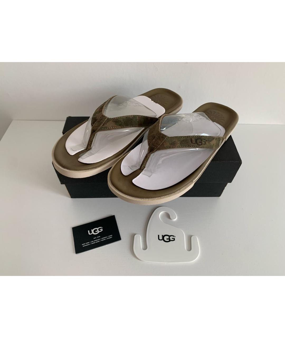 UGG AUSTRALIA Хаки кожаные шлепанцы, фото 7