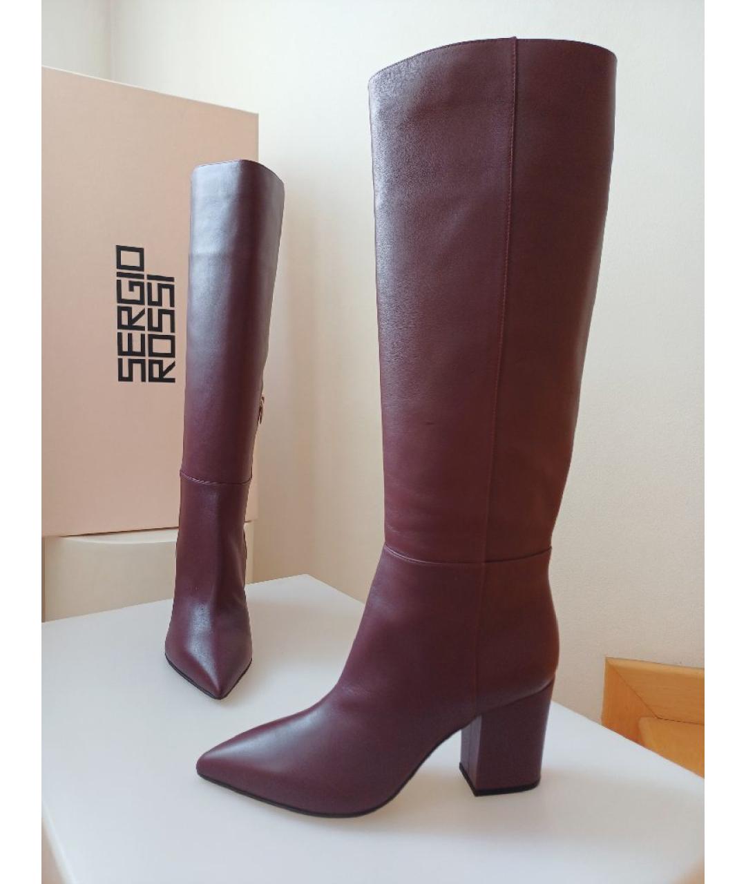 SERGIO ROSSI Бордовые кожаные сапоги, фото 4